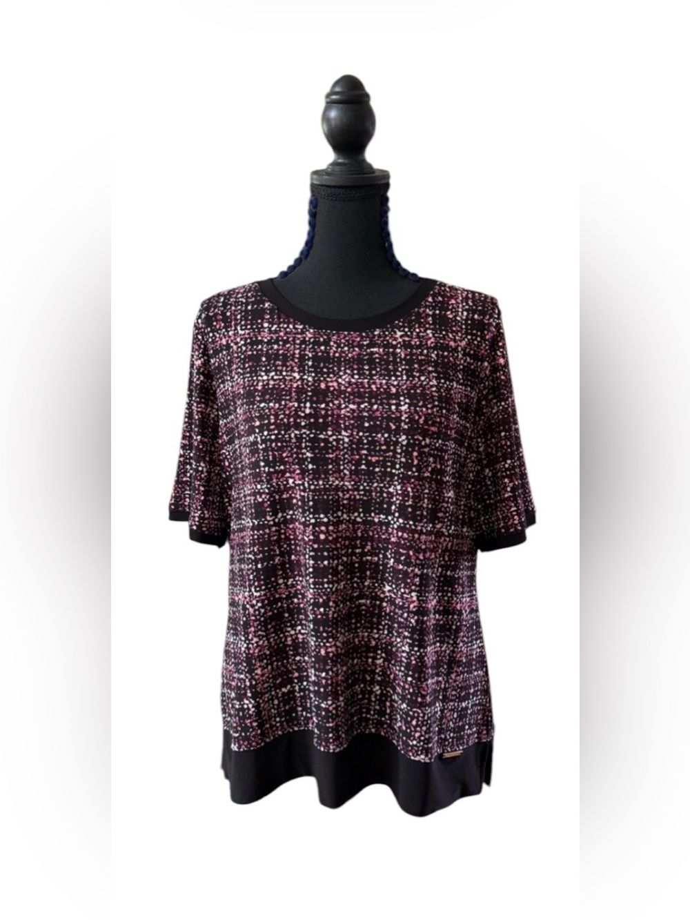 Anne Klein Pink & Black Tweed-Style Short Sleeve Top